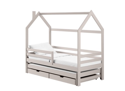 Lysegrå hus-seng med udtræksseng og skuffer på hvid baggrund, med hvidt sengetøj.