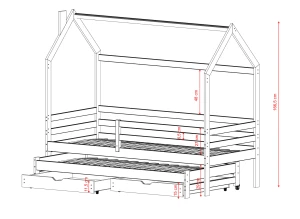 Hvidt skitsebillede af hus-seng med udtræksseng og skuffer, inkl. detaljerede mål.