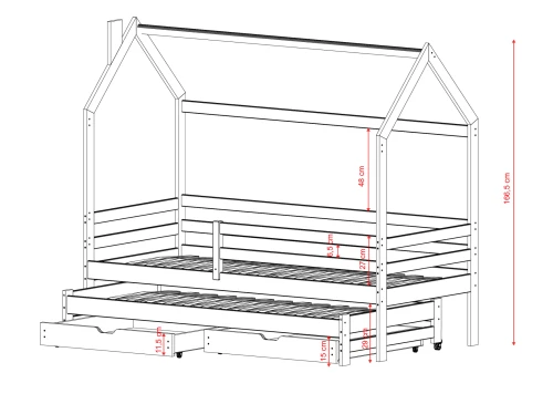 Hvidt skitsebillede af hus-seng med udtræksseng og skuffer, inkl. detaljerede mål.