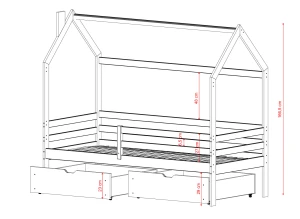 Dimensioner og design af en husseng i træ med indbyggede skuffer til børn, set fra siden.