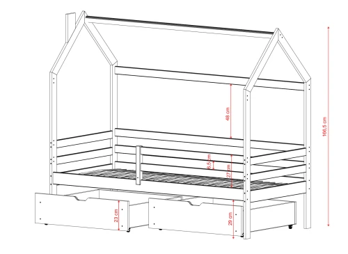 Dimensioner og design af en husseng i træ med indbyggede skuffer til børn, set fra siden.