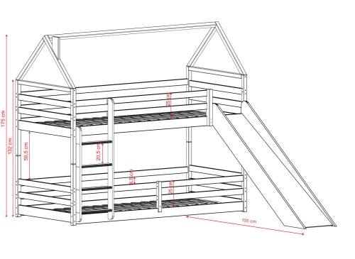 Dimensioner for køjeseng i husdesign med rutsjebane, 175 cm høj.