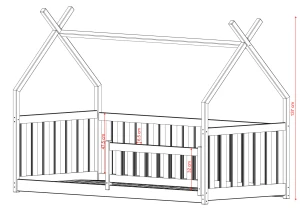 Teknisk tegning af en tipi seng til børn med mål i centimeter.