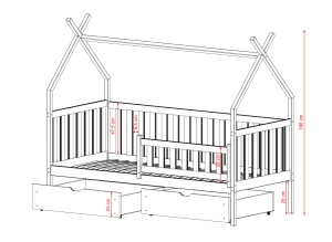 Diagram af tipi-seng til børneværelset med specifikke målangivelser.