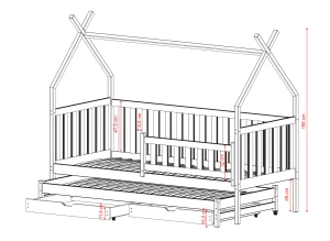 Illustration af husseng til børneværelset med angivelse af mål for ramme og skuffer.