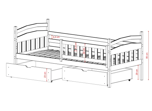 Sengestel med sengehest og opbevaring, diagram med dimensioner i cm.
