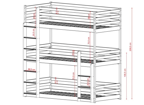 Diagram over en robust triple køjeseng med specifikationer af afstande.