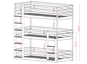 Detaljeret illustration af en tredobbelt seng med mål for sikkerhedsgitter.