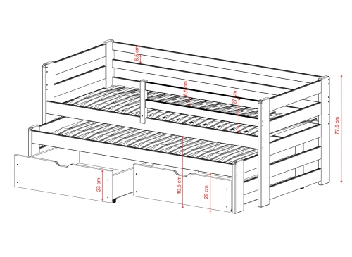 Oversigt over dimensioner på en seng med udtræk og skuffer.