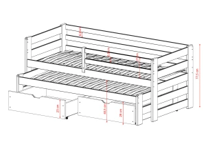 Teknisk tegning med mål af en tre-i-en børneseng med udtræksseng og opbevaringsskuffer.
