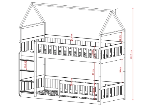 Diagram over en hvid køjeseng formet som et hus med sikkerhedsgitter.