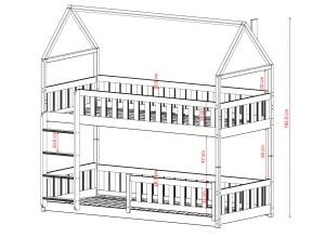 Illustrationsplan af en køjeseng i træ med hus-design og målindikationer.