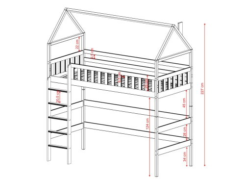 Diagram over loftsseng med husstel og mål for stige og frihøjde.