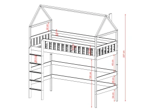 Diagram over højseng til børn med sikkerhedsgitter og dimensioner.