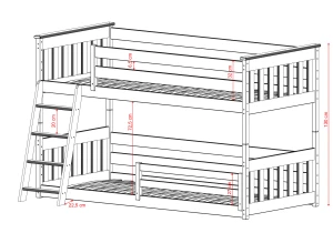 Teknisk tegning af køjeseng med mål i cm til børneværelset.