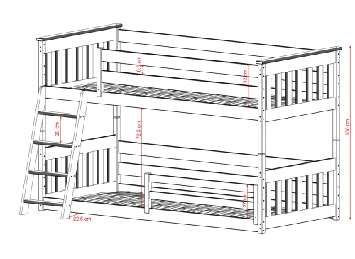 Diagram over køjeseng med højdeangivelser og sikkerhedsmål.