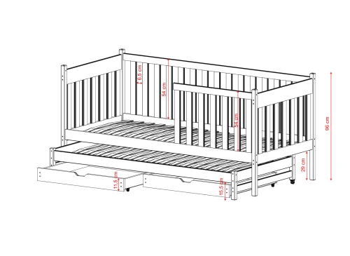 Tegning af seng med halv sengehest monteret i siden, udtræksseng og skuffer, vist med mål.