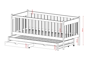 Teknisk tegning af udtræksseng med fuld sengehest og skuffer