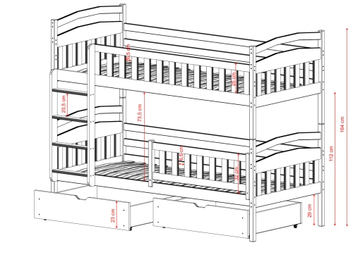 Diagram af en børnekøjeseng med mål for stige, skuffer og sengehest.