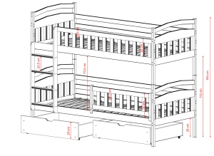 Illustrationsplan af køjeseng med sikkerhedsgitter og integrerede skuffer på hjul.