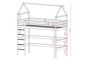 Måltegning af husseng til børn med stige og 227 cm højde.
