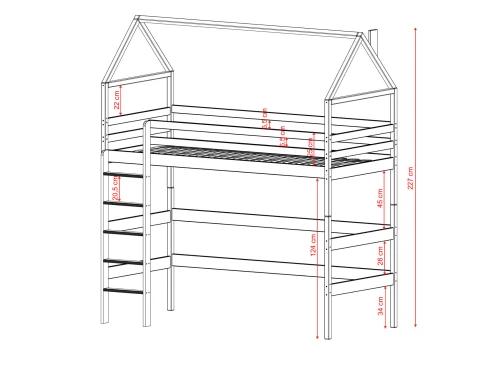 Skitse af loftsseng formet som et hus med præcise dimensioner.