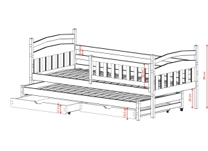 Teknisk tegning af træseng med udtræksseng og skuffer, inklusiv præcise mål.