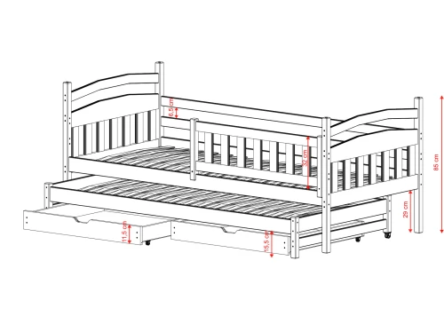 Illustration af sengemål for en 3-i-1 seng med udtræk og skuffeplads.