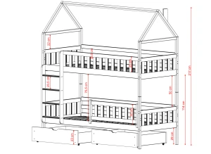 Illustration af dimensioner på en husseng med to sovepladser og stige.