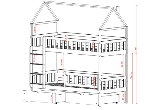 Illustration af dimensioner på en husseng med to sovepladser og stige.