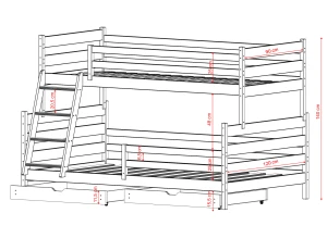 Mål på familie etageseng med bred bundkøje og praktiske underskuffer