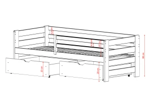 Diagram over børneseng med opbevaringsskuffer og mål.