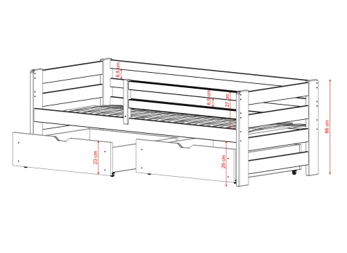 Diagram af sengestel med to store opbevaringsskuffer og dimensioner.