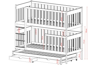 Teknisk tegning af hvid køjeseng med mål og opbevaringsskuffer.