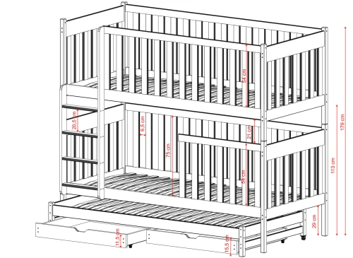 Oversigt over dimensioner på en hvid køjeseng i træ.