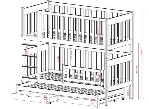 Skitse af køjeseng med tre sovepladser og mål i cm.