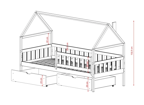 Diagram over husseng til børneværelset med præcise mål i centimeter.