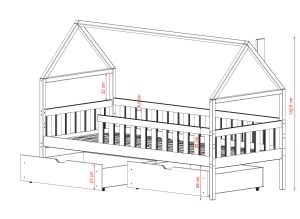 Detaljeret stregtegning af en barneseng med husform og mål.