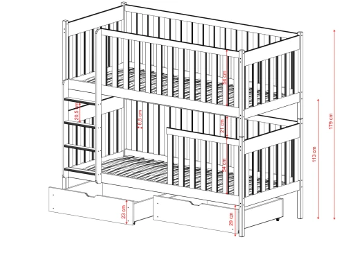Teknisk tegning af hvid etageseng med mål på sikkerhedshegn.