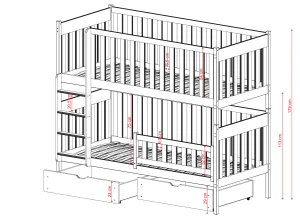 Diagram over køjeseng med mål på skuffer og indvendig højde.