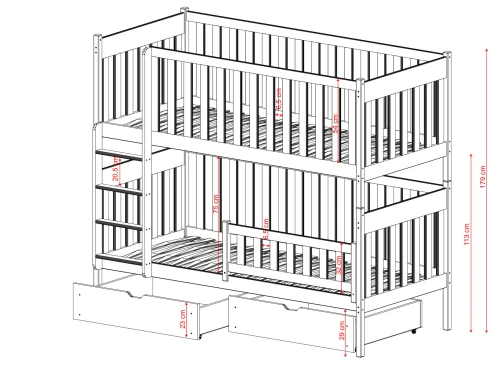 Måltegning af køjeseng med to skuffer og detaljerede dimensioner.