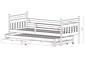 Detaljeret målskitse af børneseng med gæsteseng og skuffer.