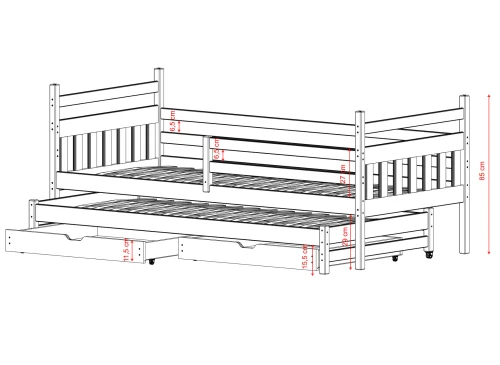 Detaljeret målskitse af børneseng med gæsteseng og skuffer.