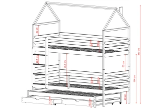 Illustration af en husseng med tre etager, der viser højden på 217 cm.