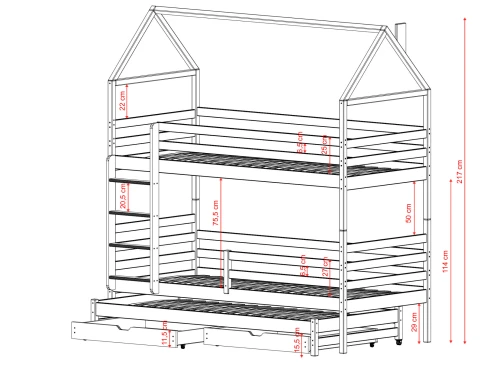 Dimensioner for trepersoners køjeseng med hustag og 217 cm totalhøjde.