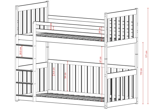 Måltegning af køjeseng med en frihøjde på 97 cm mellem de to sovepladser.