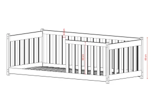 Børneseng med delvis sengehest. Diagrammet viser mål i centimeter.