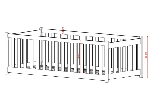 Børneseng med højt sikkerhedsgitter hele vejen rundt, totalhøjde 68 cm.