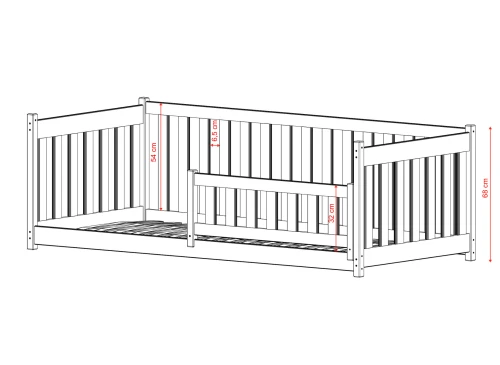 Børneseng med lav sikkerhedsskinne på 32 cm, teknisk illustration.