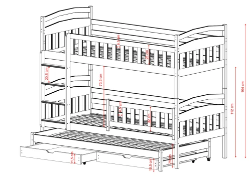 Illustration med mål af en moderne 3-personers sengeløsning.